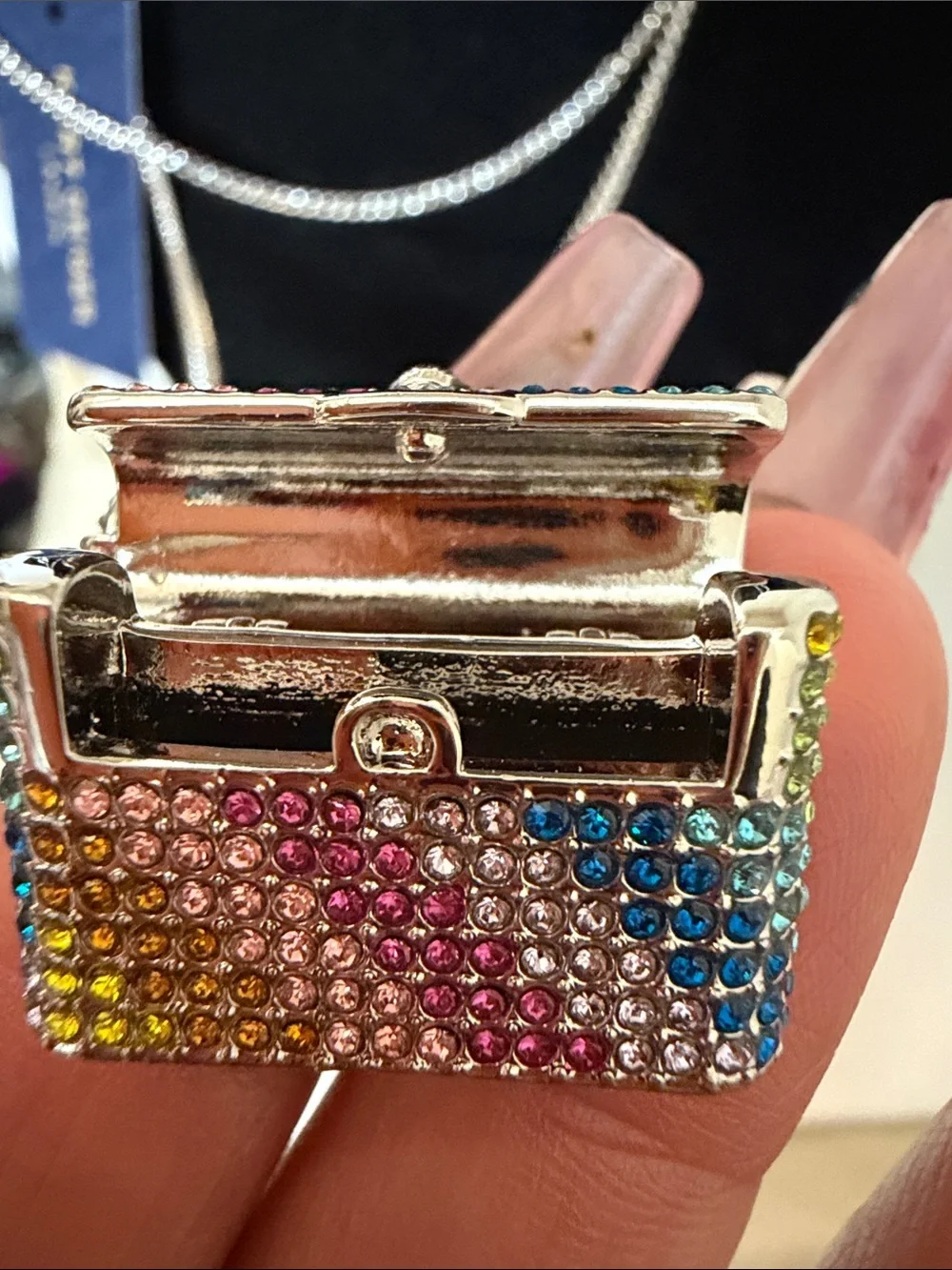 Kurt Geiger London Purse Long Necklace Multicolored Rainbow Crystals NEW 36”